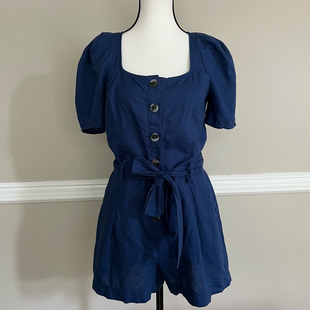 Banana Republic Blue W Sz2 Romper Button  w/Belt Bloom Short sleeves Line Cotton